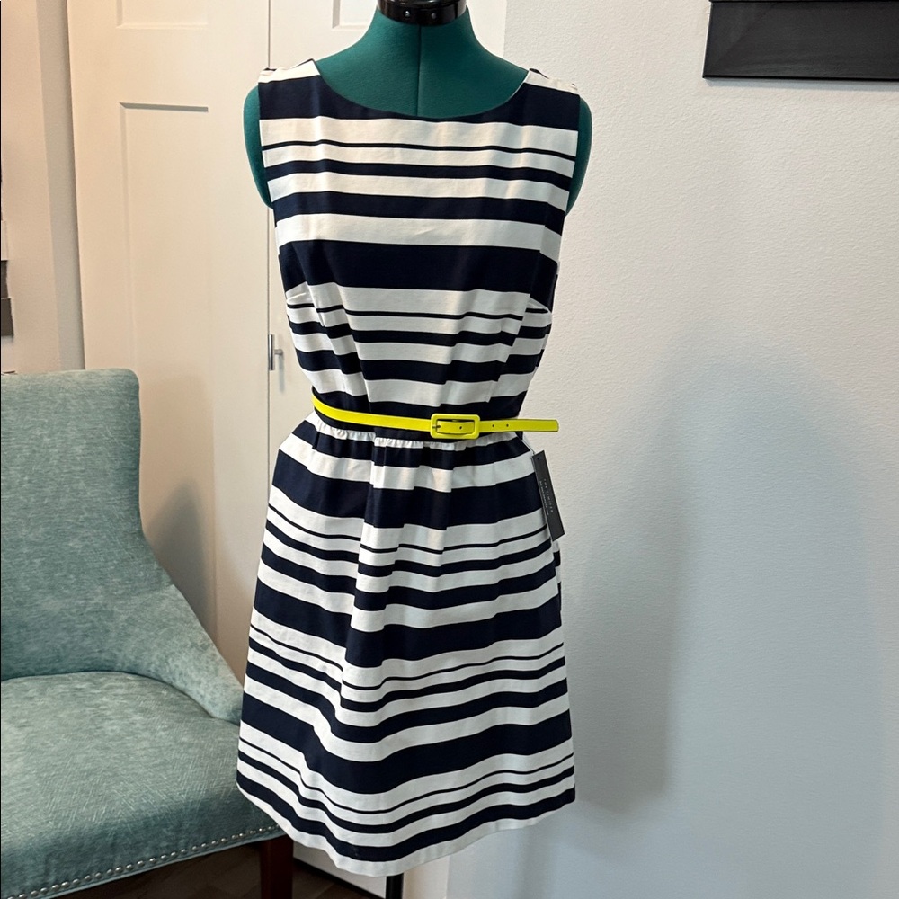 The Limited Navy and White Striped Midi Dress with Neon Yellow Belt